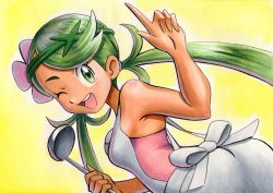 Rule 34 | 1girl, ;d, blush, body blush, commentary, creatures (company), eyelashes, flower, game freak, green hair, grey overalls, hair flower, hair ornament, hair tie, hands up, highres, holding, holding ladle, index finger raised, ladle, long hair, looking at viewer, looking back, mallow (pokemon), nintendo, oka mochi, one eye closed, open mouth, overalls, pokemon, pokemon sm, purple flower, smile, solo, swept bangs, teeth, tongue, trial captain, twintails, upper teeth only