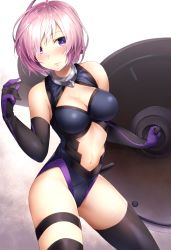 Rule 34 | 1girl, ahoge, asymmetrical legwear, bad id, bad pixiv id, black gloves, black leotard, black thighhighs, blush, breasts, cleavage, closed mouth, clothing cutout, cowboy shot, elbow gloves, fate/grand order, fate (series), gloves, hair over one eye, highres, holding, holding shield, large breasts, legs apart, leotard, light smile, looking at viewer, mash kyrielight, mismatched legwear, navel, navel cutout, omochi no kimochi, pink hair, purple eyes, shield, short hair, solo, thigh strap, thighhighs, thighs, turtleneck