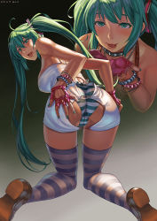 Rule 34 | 1girl, ahoge, ass, ass cutout, bent over, blush, bracelet, clothing cutout, collar, cupping hands, elleciel.eud, from behind, gloves, green eyes, green hair, hatsune miku, jewelry, kneeling, long hair, looking at viewer, looking back, matching hair/eyes, multiple views, nail polish, necklace, open mouth, own hands together, pink gloves, spiked bracelet, spiked collar, spikes, striped clothes, striped thighhighs, thighhighs, twintails, very long hair, vocaloid