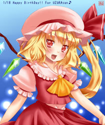 Rule 34 | 1girl, bad id, bad pixiv id, blonde hair, blue background, collared shirt, fang, female focus, flandre scarlet, gradient background, hat, mob cap, pengin guriko, red eyes, s inupen, shirt, short hair, side ponytail, solo, touhou, white hat, wings