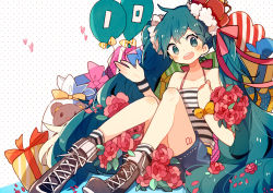 Rule 34 | 1girl, :d, bad id, bad pixiv id, balloon, black skirt, blush, bouquet, cross-laced footwear, crown, flower, fuuko (2679566944), hatsune miku, heart, holding, holding bouquet, long hair, looking at viewer, mini crown, open mouth, polka dot, polka dot background, red flower, round teeth, shirt, shorts, sitting, skirt, smile, socks, solo, strapless, striped clothes, striped shirt, striped socks, stuffed animal, stuffed toy, tareme, teddy bear, teeth, tube top, very long hair, vocaloid, white shirt, wristband