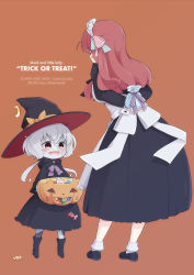 Rule 34 | 2girls, age difference, blue eyes, bobby socks, bow, candy, commentary request, fang, food, full body, grey hair, hair bow, halloween, halloween bucket, halloween costume, hat, haya bs, highres, jack-o&#039;-lantern, konno junko, long hair, low twintails, maid, minamoto sakura, multiple girls, orange background, patchwork skin, polka dot, polka dot bow, red hair, skin fang, socks, trick or treat, twintails, witch hat, aged down, zombie, zombie land saga