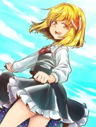 Rule 34 | 1girl, blonde hair, blush, bow, clothes lift, from side, hair bow, open mouth, red eyes, rumia, shirane koitsu, skirt, skirt lift, sky, solo, touhou