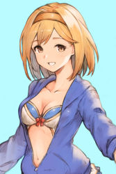 Rule 34 | 1girl, :d, bad id, bad pixiv id, bikini, bikini under clothes, blonde hair, blue background, blue jacket, bow, breasts, brown eyes, cleavage, collarbone, commentary request, djeeta (granblue fantasy), granblue fantasy, hairband, highres, hood, hood down, hooded jacket, jacket, koretsuki azuma, long sleeves, medium breasts, navel, open mouth, orange hairband, partially unzipped, reaching, reaching towards viewer, red bow, selfie, short hair, simple background, smile, solo, swimsuit, teeth, upper body, white bikini