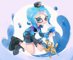 Rule 34 | 1girl, absurdres, artist name, black footwear, black hat, black shorts, blue hair, blush, boots, burst bomb (splatoon), closed mouth, commentary request, eyelashes, forehead, grey eyes, gun, hat, highres, holding, holding gun, holding weapon, iguana152588, jacket, long sleeves, looking at viewer, medium hair, mini hat, multicolored background, multicolored clothes, multicolored jacket, nintendo, octoling, octoling girl, octoling player character, parted bangs, short eyebrows, short shorts, shorts, sidelocks, simple background, smile, solo, splash-o-matic (splatoon), splatoon (series), splatoon 2, suction cups, tentacle hair, track jacket, weapon