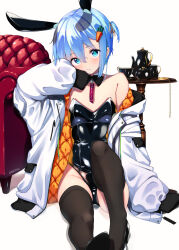 Rule 34 | 1boy, absurdres, black bow, black bowtie, black leotard, black thighhighs, blue hair, blush, bow, bowtie, carrot hair ornament, chair, crossdressing, cup, detached collar, food-themed hair ornament, hair between eyes, hair ornament, head rest, head tilt, highres, jacket, leotard, looking at viewer, male focus, one side up, original, playboy bunny, rabbit ears, shiny clothes, shiny leotard, short hair, signature, sitting, sleeves past wrists, solo, strapless, strapless leotard, table, teacup, teapot, thighhighs, trap, uro (urotanc), white jacket