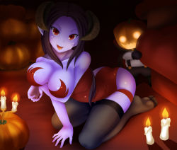 Rule 34 | 1boy, 1girl, bare shoulders, black hair, breast hold, breast lift, breasts, candle, colored skin, fang, fangs, feet, halloween, highres, horns, jack-o&#039;-lantern, leotard, open mouth, original, pumpkin, purple skin, red eyes, solo, thighhighs, tongue, yottin