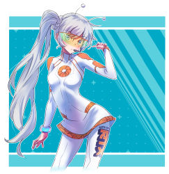 Rule 34 | 1girl, absurdres, alternate costume, bodysuit, breasts, commentary request, english text, glasses, hair between eyes, highres, iesupa, long hair, looking at viewer, medium breasts, roosterteeth, rwby, scar, scar across eye, scar on face, side ponytail, solo, sunglasses, weiss schnee, white hair