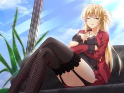 Rule 34 | 1girl, black thighhighs, blonde hair, breast hold, breasts, cleavage, cloud, crossed arms, crossed legs, fishnet thighhighs, fishnets, formal, game cg, garter straps, green eyes, indoors, lace, lace-trimmed legwear, lace trim, large breasts, legs, long hair, long legs, naughty face, shiizaki hinaki, sitting, skirt, skirt suit, sky, smile, solo, source request, suit, sunlight, thighhighs, thighs, window