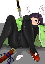 Rule 34 | 1girl, 7th dragon, 7th dragon (series), bad id, bad pixiv id, cameltoe, cleft of venus, japanese clothes, katana, long hair, nullhachi, pantyhose, purple hair, pussy juice, ran (7th dragon), samurai (7th dragon), samurai (7th dragon), solo, spread legs, sword, weapon