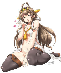 Rule 34 | 1girl, ahoge, black thighhighs, blowing kiss, blush, boots, breasts, brown hair, heart, kantai collection, kongou (kancolle), large breasts, lips, long hair, looking at viewer, minazuki tsuyuha, one eye closed, puckered lips, simple background, sitting, solo, thigh boots, thighhighs, wariza, white background