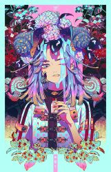 Rule 34 | 1boy, akiakane, bad id, bad twitter id, black shirt, blue eyes, blue hair, blue jacket, clenched teeth, commentary request, eyes visible through hair, fingernails, flower, holding, jacket, looking at viewer, male focus, medium hair, nail polish, one eye closed, original, pink nails, shirt, slime (substance), snail, solo, teeth, upper body