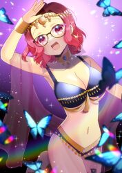Rule 34 | 1girl, :d, animal, arm up, bangle, bikini, black-framed eyewear, black bikini, blurry, blurry foreground, bracelet, breasts, bug, butterfly, cleavage, commentary request, commission, depth of field, forehead jewel, glasses, insect, jewelry, kou hiyoyo, large breasts, looking at viewer, mole, mole under mouth, mouth veil, navel, open mouth, original, parted bangs, purple eyes, red hair, see-through, shawl, skeb commission, smile, solo, standing, standing on one leg, swimsuit, veil
