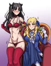 Rule 34 | 2girls, asortofcolorfag, ass shake, assertive female, black hair, blazh, blonde hair, blue eyes, blush, bow, bra, breasts, brown eyes, choker, collaboration, colorized, commentary, cousins, crossed legs, drill hair, elbow gloves, embarrassed, fate/hollow ataraxia, fate/stay night, fate (series), femdom, gloves, hair bow, highres, incest, large breasts, leeloo dallas, lingerie, lowleg, lowleg panties, luviagelita edelfelt, money, multiple girls, navel, panties, pantyhose, red bra, red gloves, red legwear, red panties, sitting, skirt, skirt set, small breasts, smile, sparkle, sweatdrop, thighhighs, throne, thumbs up, tohsaka rin, two side up, underwear, underwear only, white gloves, white legwear, yuri
