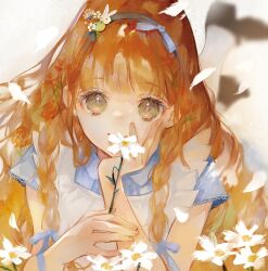 Rule 34 | 1girl, black footwear, blunt bangs, blurry, blurry background, closed mouth, fingernails, flower, green eyes, hairband, hand on own cheek, hand on own face, highres, holding, holding flower, kyouraku no mori no alice, looking at viewer, lying, niwa haruki, on stomach, orange hair, short sleeves, smile, solo, white flower