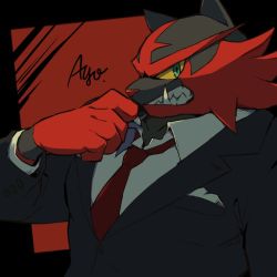 Rule 34 | ayo (ayosanri009), black jacket, claws, clothed pokemon, collared shirt, colored sclera, commentary request, creatures (company), game freak, gen 7 pokemon, green eyes, hand up, incineroar, jacket, looking at viewer, necktie, nintendo, pokemon, pokemon (creature), red necktie, sharp teeth, shirt, signature, solo, teeth, upper body, white shirt, yellow sclera