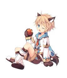 Rule 34 | 1boy, ;o, amemiya ruki, animal ears, apple, aura kingdom, bitten apple, blonde hair, boots, fang, food, food bite, fruit, full body, holding, crossed legs, long sleeves, looking at viewer, male focus, one eye closed, pom pom (clothes), short hair, shorts, sitting, solo, tail, transparent background, wolf ears, wolf paws, wolf tail