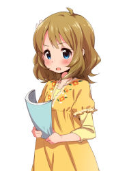Rule 34 | 10s, :o, ahoge, blue eyes, blush, brown hair, dress, flower, hair flower, hair ornament, holding, idolmaster, idolmaster million live!, kanya pyi, long hair, notebook, open mouth, simple background, solo, suou momoko, white background