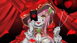 Rule 34 | 1girl, 999ool, ace (playing card), ace of hearts, balloon, breasts, card, cleavage, colored skin, commentary request, confetti, envy baby (vocaloid), frills, grey skin, hair bun, hair ornament, hairclip, heart, highres, holding, holding balloon, holding card, hood, hood up, indie virtual youtuber, looking at viewer, merun morino, official art, pink hair, playing card, red curtains, red hood, red theme, second-party source, solo, stage curtains, teardrop facial mark, teeth, tongue, tongue out, upper teeth only, virtual youtuber, vocaloid, wrist cuffs, yellow eyes
