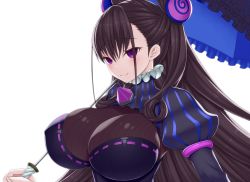 Rule 34 | 1girl, asamura hiori, black hair, blush, breasts, covered erect nipples, double bun, dress, fate/grand order, fate (series), hair ornament, highres, large breasts, looking at viewer, murasaki shikibu (fate), purple eyes, simple background, smile, solo, umbrella, white background