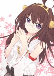Rule 34 | 10s, 1girl, ahoge, bare shoulders, bespectacled, brown hair, codemofel, detached sleeves, double bun, dutch angle, fingers together, flower, glasses, hairband, headgear, japanese clothes, kantai collection, kongou (kancolle), long hair, looking at viewer, nontraditional miko, purple eyes, rimless eyewear, smile, solo, steepled fingers, upper body