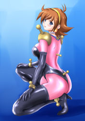 Rule 34 | 1990s (style), 1girl, ass, blue eyes, bodysuit, breasts, brown hair, bucho, g gundam, gloves, gundam, hairband, high heels, kneeling, large breasts, latex, latex gloves, legs, mobile trace suit, rain mikamura, retro artstyle, shiny clothes, shoes, skin tight, solo, thighhighs, thighs, tight clothes