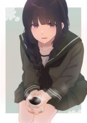 Rule 34 | 1girl, black hair, black neckerchief, braid, cup, flower, green sailor collar, green serafuku, green skirt, highres, holding, holding cup, kantai collection, kitakami (kancolle), long hair, looking at viewer, mug, neckerchief, open mouth, purple eyes, rinto (rint rnt), sailor collar, school uniform, serafuku, sidelocks, simple background, single braid, sitting, skirt, solo, steam, two-tone background