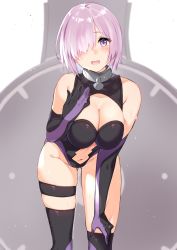 Rule 34 | 1girl, bare shoulders, black leotard, black thighhighs, blush, breasts, cleavage, cleavage cutout, clothing cutout, collar, elbow gloves, fate/grand order, fate (series), gloves, hair over one eye, highres, leaning forward, leotard, light purple hair, looking at viewer, mash kyrielight, metal collar, murio, navel, navel cutout, open mouth, purple eyes, purple gloves, shield, short hair, smile, sweat, thigh strap, thighhighs, thighs