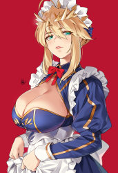 Rule 34 | 1girl, alternate costume, apron, aqua eyes, artoria pendragon (fate), artoria pendragon (lancer) (fate), blonde hair, blue bow, blue dress, blush, bow, braid, breasts, cleavage, crown, dress, enmaided, fate/grand order, fate (series), french braid, hair between eyes, hair bow, highres, juliet sleeves, large breasts, long hair, long sleeves, looking at viewer, maid, maid headdress, parted lips, puffy sleeves, red background, sidelocks, simple background, smile, solo, swept bangs, underbust, white apron, yd (orange maru)