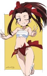 Rule 34 | 1girl, bad id, bad twitter id, bandages, barefoot, breasts, brown eyes, brown hair, commentary request, double v, erakin, forehead, fundoshi, girls und panzer, gluteal fold, grin, highres, japanese clothes, long hair, navel, one eye closed, outstretched arms, ponytail, ribbon, saemonza (girls und panzer), sarashi, simple background, sketch, small breasts, smile, solo, standing, standing on one leg, thigh gap, underwear, underwear only, v, wind, wind lift, yellow background