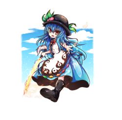 Rule 34 | 1girl, black footwear, black hat, blue hair, blue skirt, blue sky, boots, cloud, food, fruit, full body, hair between eyes, hat, hinanawi tenshi, holding, holding sword, holding weapon, leaf, long hair, looking at viewer, open mouth, outstretched arms, outstretched hand, peach, red eyes, red neckwear, shen li, skirt, sky, solo, sword, sword of hisou, touhou, weapon