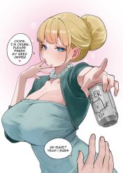 Rule 34 | 1boy, 1girl, aged up, beer can, blonde hair, blue eyes, blush, breasts, can, cleavage, dipper pines, drink can, english text, gradient background, gravity falls, hair bun, highres, holding, holding can, huge breasts, jewelry, looking at viewer, necklace, nia (nia4294), out of frame, pacifica northwest, pearl necklace, pink background, pointing, pointing at viewer, solo focus, speech bubble, upper body