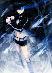 Rule 34 | 10s, 1girl, belt, black hair, black rock shooter, black rock shooter (character), black shorts, black sweater, blue eyes, chain, checkered floor, flaming eyes, highres, holding, holding sword, holding weapon, long hair, looking at viewer, navel, scar, shell (shell518), short shorts, shorts, solo, sweater, sword, twintails, weapon