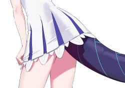 Rule 34 | 1girl, ass, ass focus, blue archive, clothes lift, clutching clothes, commentary request, dress, highres, mitsutsuka, momoka (blue archive), panties, panty peek, short dress, simple background, solo, tail, underwear, white background, white dress, white panties