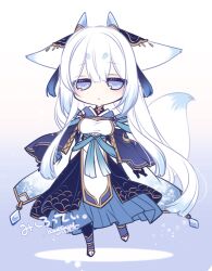 Rule 34 | 1girl, animal ears, blue eyes, breasts, chibi, ears down, fox ears, fox tail, gradient background, konshin, large breasts, long hair, original, signature, simple background, solo, tail, toeless legwear, white background, white hair