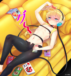 Rule 34 | 1girl, alternate color, alternate legwear, arm up, bad id, bad pixiv id, bare arms, bare shoulders, barefoot, black leggings, black neckwear, blonde hair, blue eyes, blush, born-to-die, breasts, cameltoe, closed mouth, collarbone, commentary request, couch, covered erect nipples, creatures (company), cropped vest, elesa (pokemon), game freak, gradient hair, gym leader, headphones, heart, heart-shaped pupils, holding, hungry, knee up, leggings, lying, motion lines, multicolored hair, navel, nintendo, on back, on couch, open clothes, open vest, pink hair, pokemon, pokemon bw, raised eyebrows, reading, shiny clothes, shiny skin, short hair, signature, small breasts, solo, stomach, stomach growling, symbol-shaped pupils, tsurime, underboob, vest, wavy mouth, yellow vest