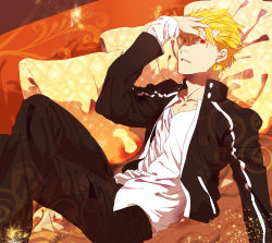Rule 34 | 1boy, bad id, bad pixiv id, black jacket, blonde hair, casual, couch, fate/stay night, fate (series), gilgamesh (fate), hali, hand on forehead, hand to forehead, highres, jacket, male focus, official alternate costume, pillow, red eyes, short hair, solo