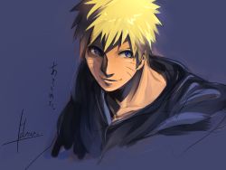 Rule 34 | 1boy, blonde hair, blue eyes, face, facial mark, male focus, naruto, naruto (series), purple background, smile, solo, translation request, uzumaki naruto, whiskers, zifletts