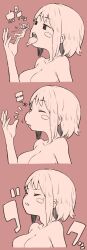 Rule 34 | 2girls, akairo (akairokk), blush stickers, breasts, closed mouth, female focus, giant, giantess, half-closed eyes, highres, medium breasts, monochrome, multiple girls, no nipples, open mouth, original, purple background, saliva, sequential, size difference, swallowing, throat bulge, tongue, tongue out, upper body, vore