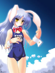 Rule 34 | 10s, 1girl, angel beats!, animal ears, blush, bow, bowtie, highres, leotard, long hair, name tag, old school swimsuit, one-piece swimsuit, playboy bunny, playboy bunny swimsuit, rabbit ears, red bow, red bowtie, saano chia, school swimsuit, silver hair, solo, swimsuit, tenshi (angel beats!), wrist cuffs, yellow eyes