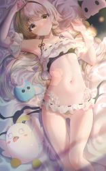 Rule 34 | 1girl, arm up, armpits, bare legs, bed sheet, bikini, blue archive, blush, breasts, brown hair, ciawasemono, cleavage, closed mouth, collarbone, commentary request, detached sleeves, embarrassed, feet out of frame, frilled bikini, frills, from above, frown, gluteal fold, head-mounted display, hifumi (blue archive), hifumi (swimsuit) (blue archive), highres, layered bikini, lens flare, light, looking at viewer, looking up, navel, on bed, short sleeves, small breasts, solo, stomach, stuffed toy, swimsuit, thigh gap, thighs, white bikini, yellow eyes