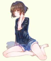 Rule 34 | 1girl, aritoki ritsu, barefoot, brown eyes, brown hair, character request, cross, cross necklace, denim, denim shorts, feet, jewelry, necklace, rosary, shorts, sitting, solo