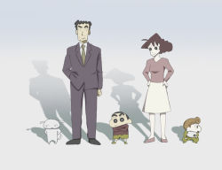 Rule 34 | 2boys, 2girls, age difference, black hair, brother and sister, brown hair, child, crayon shin-chan, crossed arms, dog, family, father and daughter, father and son, formal, full body, ghost in the shell, ghost in the shell lineup, ghost in the shell stand alone complex, grey background, hand in pocket, hands on own hips, kyanoko, looking down, mother and daughter, mother and son, multiple boys, multiple girls, necktie, nohara himawari, nohara hiroshi, nohara misae, nohara shinnosuke, pants, parody, shadow, shiro (shin-chan), siblings, simple background, smile, standing, suit