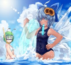 Rule 34 | 2girls, ahoge, antennae, b.d, bikini, blue bow, blue eyes, blue hair, bow, cirno, closed mouth, covered navel, day, diving mask, diving mask on eyes, flower, goggles, graphite (medium), hair bow, hair flower, hair ornament, hand on own hip, hand up, highres, holding, ice, ice wings, innertube, looking at another, looking at viewer, mechanical pencil, mouth hold, multiple girls, one-piece swimsuit, open mouth, outdoors, pencil, school swimsuit, short hair, snorkel, standing, sun, sunflower, sunflower hair ornament, swim ring, swimsuit, tan, tanned cirno, touhou, traditional media, upper body, water, wet, wings, wriggle nightbug