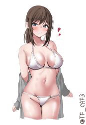 Rule 34 | 1girl, alternate breast size, bikini, blue eyes, breasts, brown hair, fubuki (kancolle), grey jacket, highres, jacket, kantai collection, large breasts, low ponytail, medium hair, navel, one-hour drawing challenge, open clothes, open jacket, parted lips, short ponytail, simple background, solo, swimsuit, tf cafe, twitter username, white background, white bikini