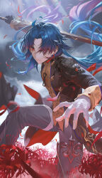 Rule 34 | 1boy, bandaged hand, bandages, blade (honkai: star rail), bright pupils, chinese clothes, dark green hair, earrings, fighting stance, flower, hair over one eye, highres, holding, holding sword, holding weapon, honkai: star rail, honkai (series), jewelry, jian (weapon), long hair, long sleeves, looking at viewer, male focus, red eyes, solo, spider lily, sword, ttk (kirinottk), weapon
