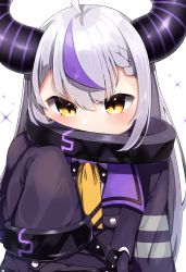 Rule 34 | 1girl, absurdres, ahoge, black dress, braid, commentary, demon horns, dress, hair between eyes, highres, hololive, horns, la+ darknesss, long hair, long sleeves, looking at viewer, multicolored hair, purple hair, silver hair, simple background, sleeves past fingers, sleeves past wrists, solo, sorahachi (sora823), sparkle, streaked hair, striped horns, upper body, very long hair, virtual youtuber, white background, yellow eyes