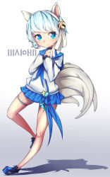 Rule 34 | 10s, 1girl, absurdres, animal ears, bell, blade &amp; soul, blue eyes, blue hair, fandral (vnfmvnfm), fox ears, hair ornament, hairband, highres, jingle bell, lyn (blade &amp; soul), matching hair/eyes, multiple tails, ribbon, shirt, shoes, short hair, skirt, smile, solo, tail, thigh strap