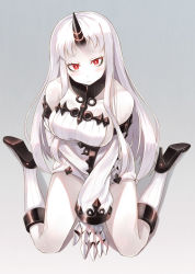 Rule 34 | 10s, 1girl, abyssal ship, bare shoulders, blush, boots, breasts, claws, detached sleeves, dress, high heel boots, high heels, horns, hyuuga azuri, kantai collection, large breasts, long hair, looking at viewer, pale skin, red eyes, ribbed dress, seaport princess, short dress, sideboob, single horn, sitting, solo, tears, thighs, very long hair, wariza, white hair