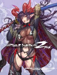 Rule 34 | 1girl, bikini, breasts, commentary, demon girl, demon horns, earrings, english commentary, fujii eishun, gloves, habaki (fujii eishun), hair between eyes, highres, holding, holding sword, holding weapon, horns, jewelry, large breasts, long hair, long sleeves, looking at viewer, multiple horns, navel, original, pointy ears, red eyes, sheath, sheathed, solo, swimsuit, sword, weapon